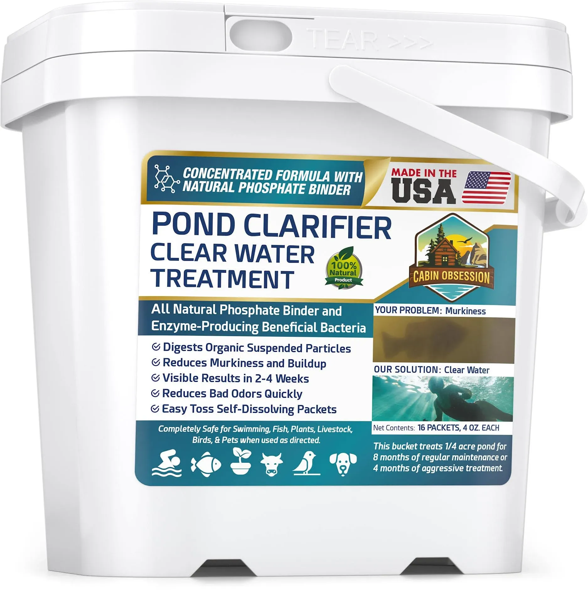 Cabin Obsession Pond Clear Water Treatment 16 Pack for 8 Months of Pond Cleaner Supply