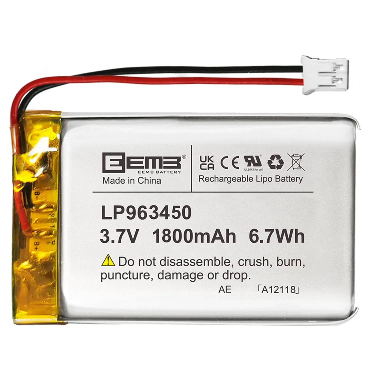 EEMB Lithium Polymer Battery 3.7V 1800mAh 963450 Lipo Rechargeable Battery Pack with Wire JST Connector for Speaker and Wireless Device- Confirm Device & Connector Polarity Before Purchase(1)