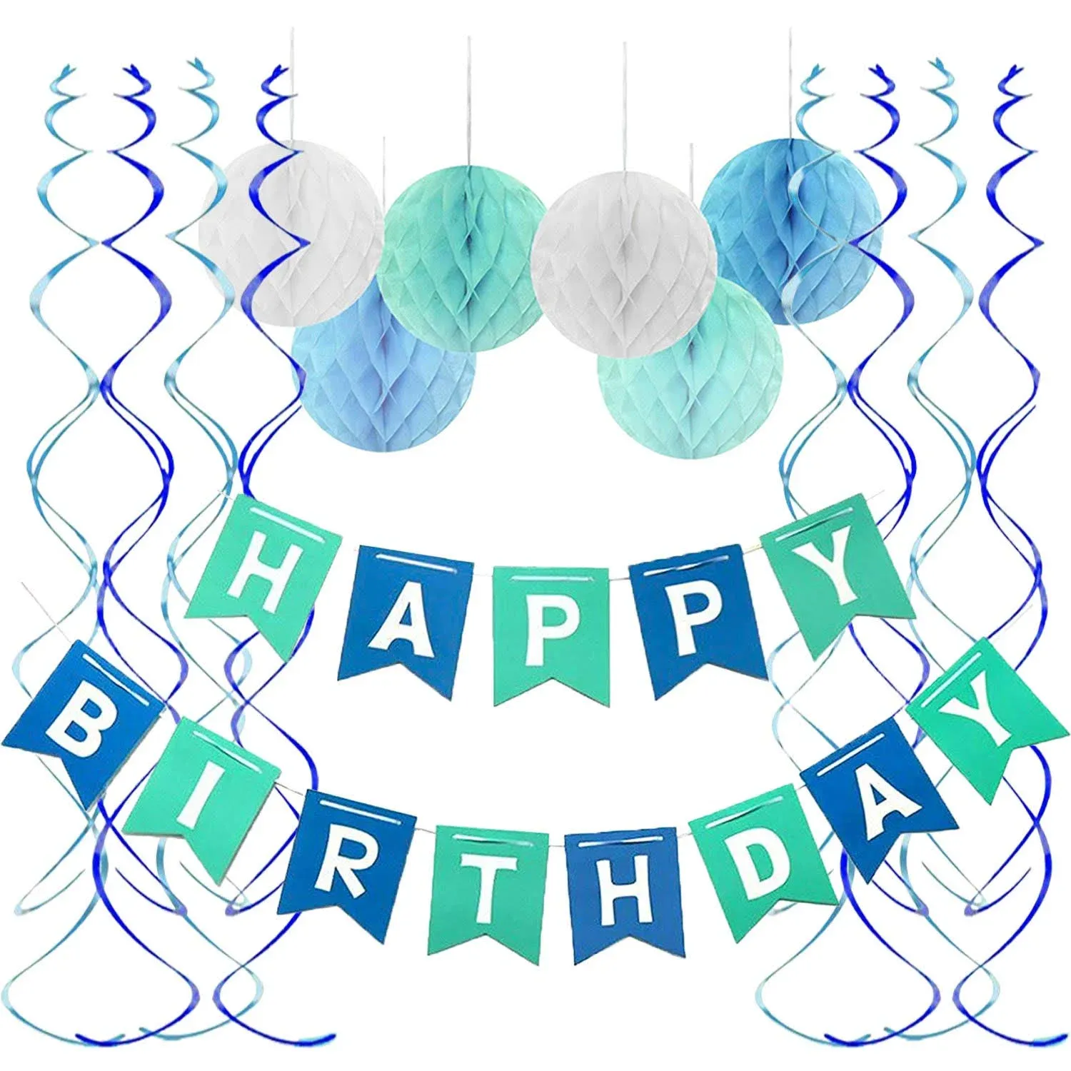 Blue Happy Birthday Banner Honeycomb balls Swirls Streamers for Birthday Party Decorations