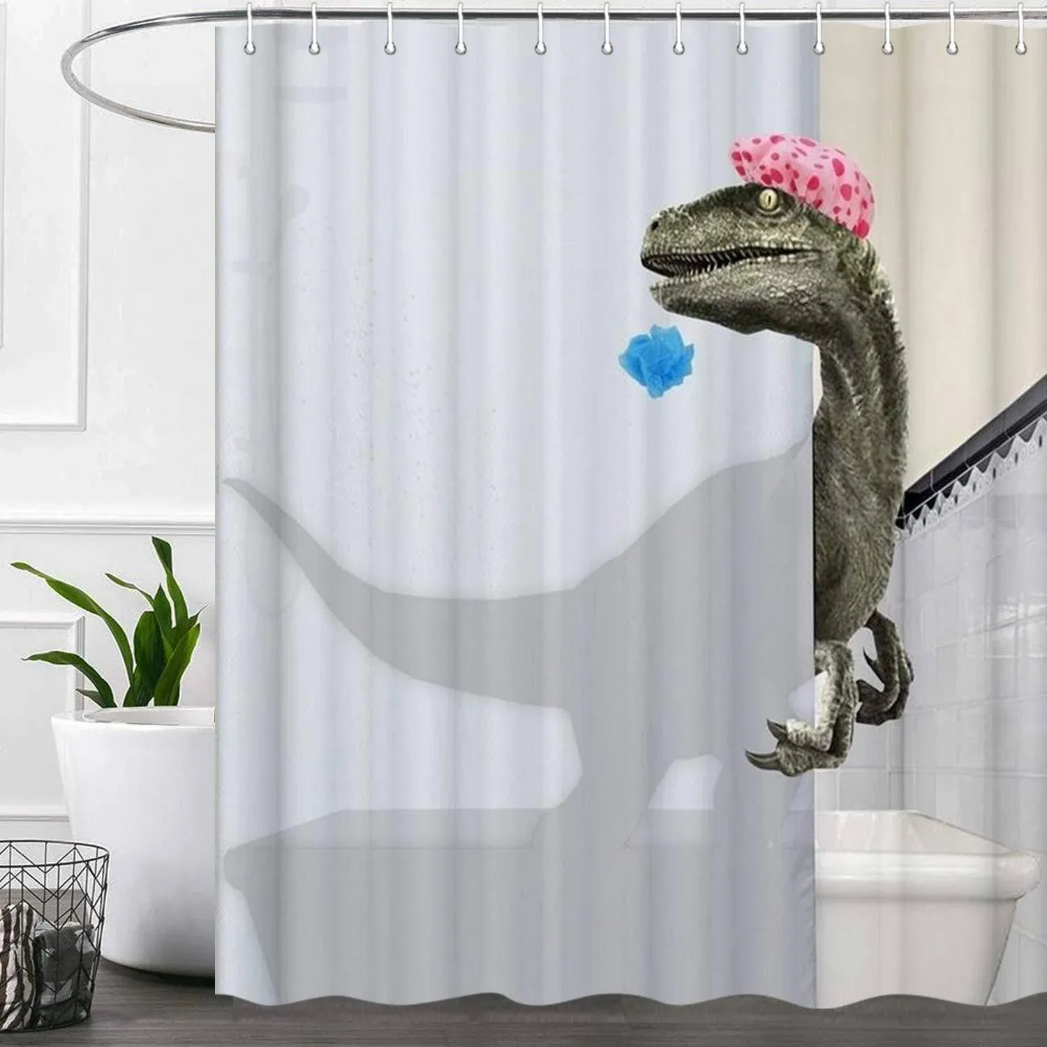 Funny Dinosaur Shower Curtain Set for Bathroom, White Fun Kids Fabric Animal Bathtub Curtains, Cool Cute Unique Raptor Accessories Decor, Polyester Waterproof Durable with 12 Hooks, 72x72