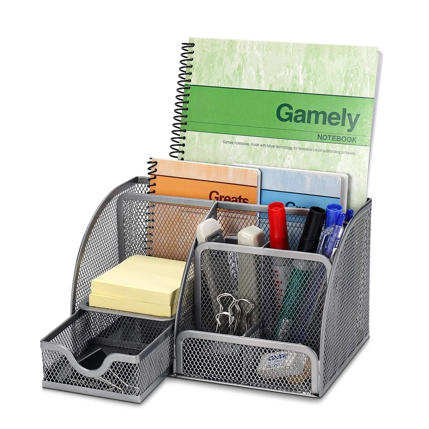 Flexzion Desk Organiser, Pen Holder, Office Organiser, Students Desk Accessories Made of Metal with Drawer and 6 Compartments, for Aesthetic Pens, Stapler, Folder Clips, Sticky Notes, Silver