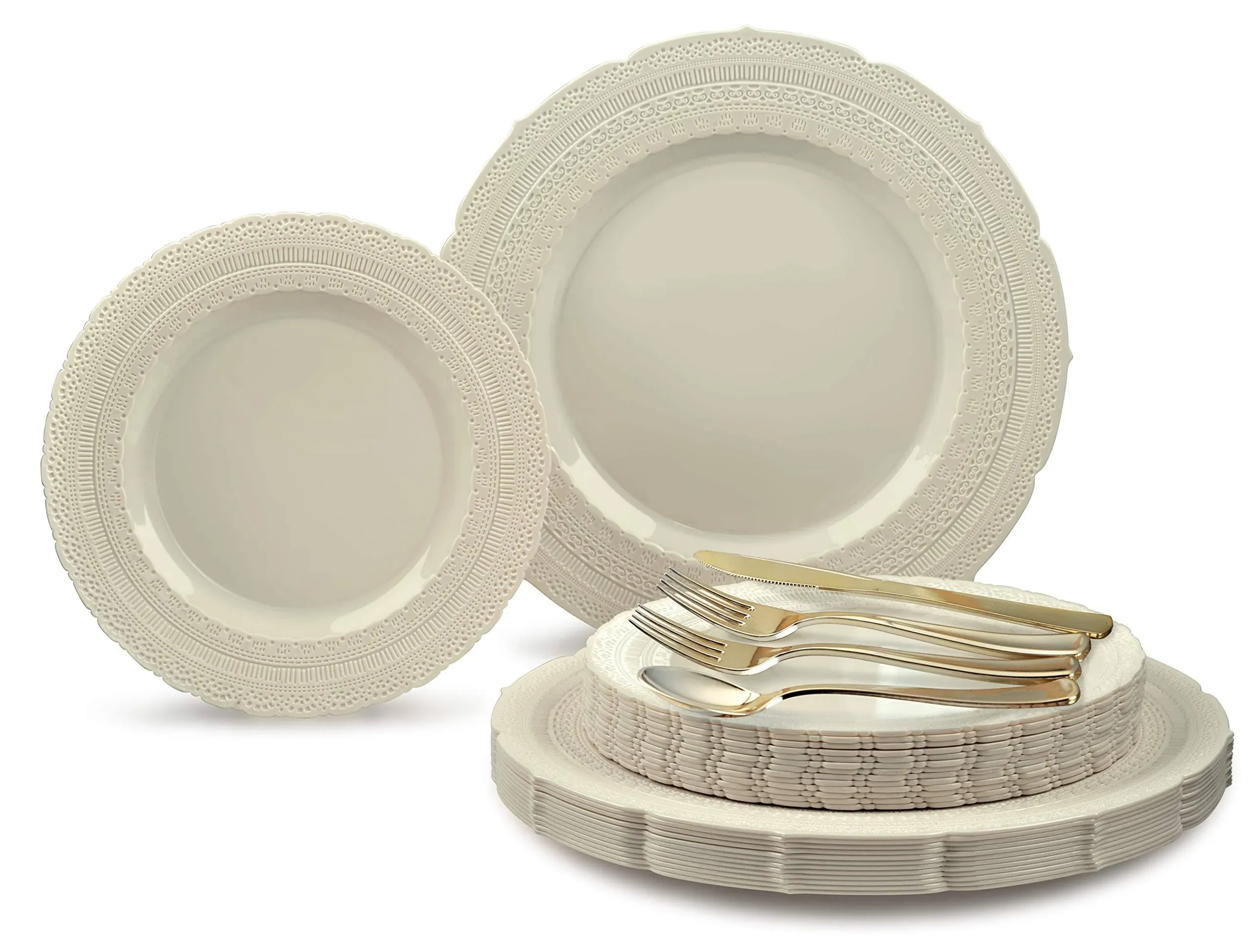 " OCCASIONS " 150pcs set (25 Guests)-Extra Heavyweight Vintage Wedding Disposable/Reusable Plastic Plates (25 x 11'' + 25 x 8.25'') + Silverware (Chateau Collection in Ivory)