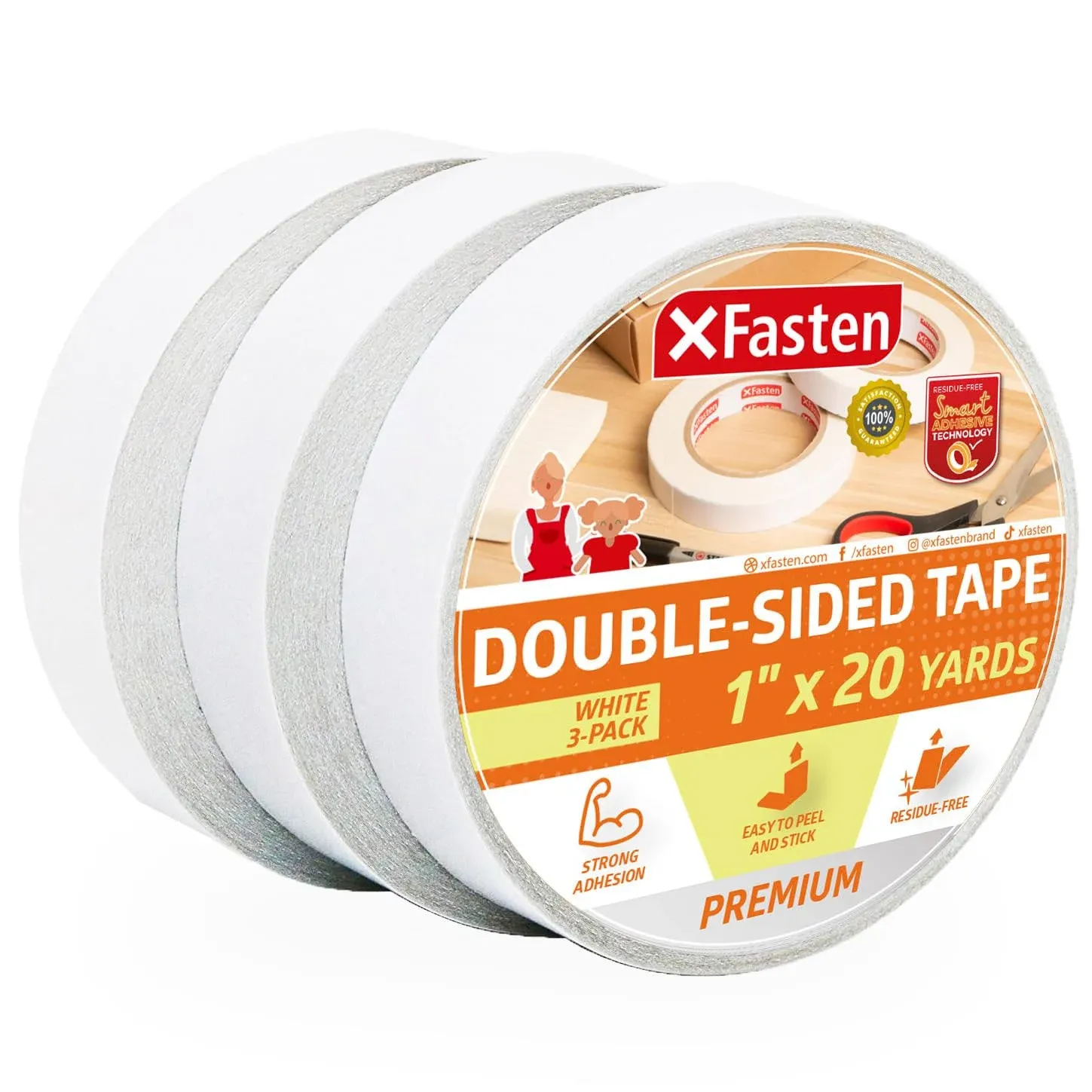 XFasten Double Sided Tape, Removable, 1-Inch by 20-Yard (Pack of 3) Ideal as a Gift Wrap Tape, Holding Carpets, and Woodworking