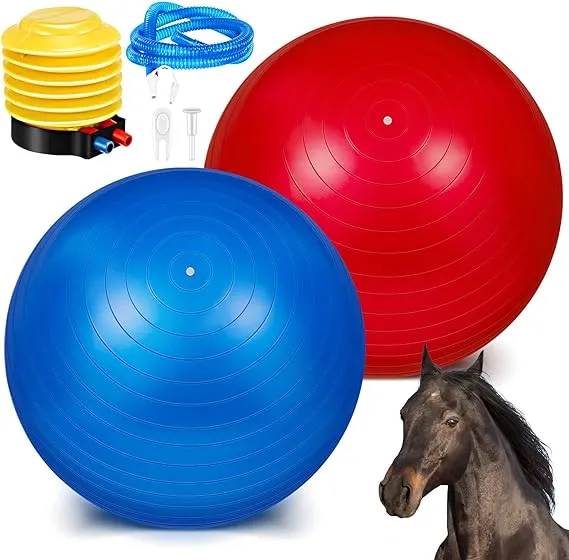 2 Pcs 30 Inch Horse Ball for Play Large Horse Ball Big Herding Ball for Horse Anti Burst Horse Soccer Ball Giant Horse Play Ball Toys for Horses to Play with, Pump Included, Blue and Red