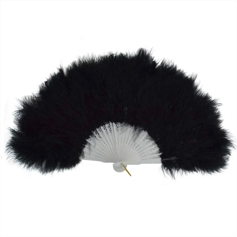 20s Vintage Feather Fan Flapper Dance Roaring Gatsby Burlesque Handheld Marabou Feather Fan Flapper Accessories (Black)