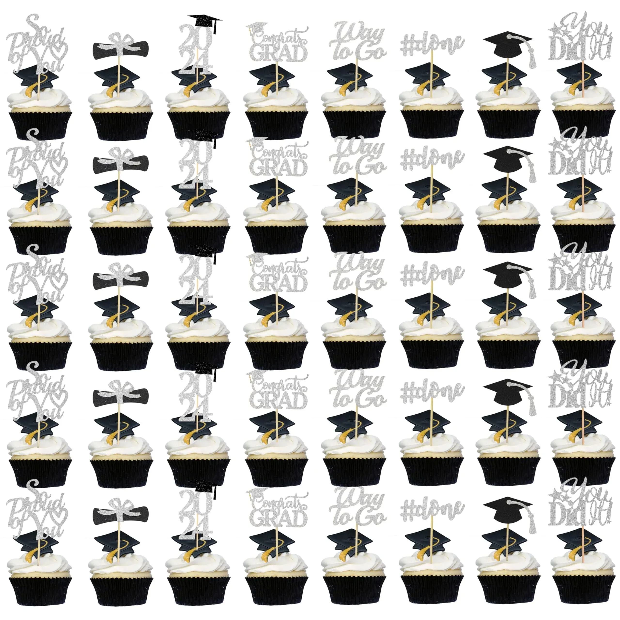 Graduation Cupcake Toppers 2024 Silver,Glitter Class of 2024 Cupcake Toppers Supplies,Class of 2024 Congrats Grad Cap Diploma Cupcake Picks for Graduation Party Decorations 2024 Silver and Black-40Pcs