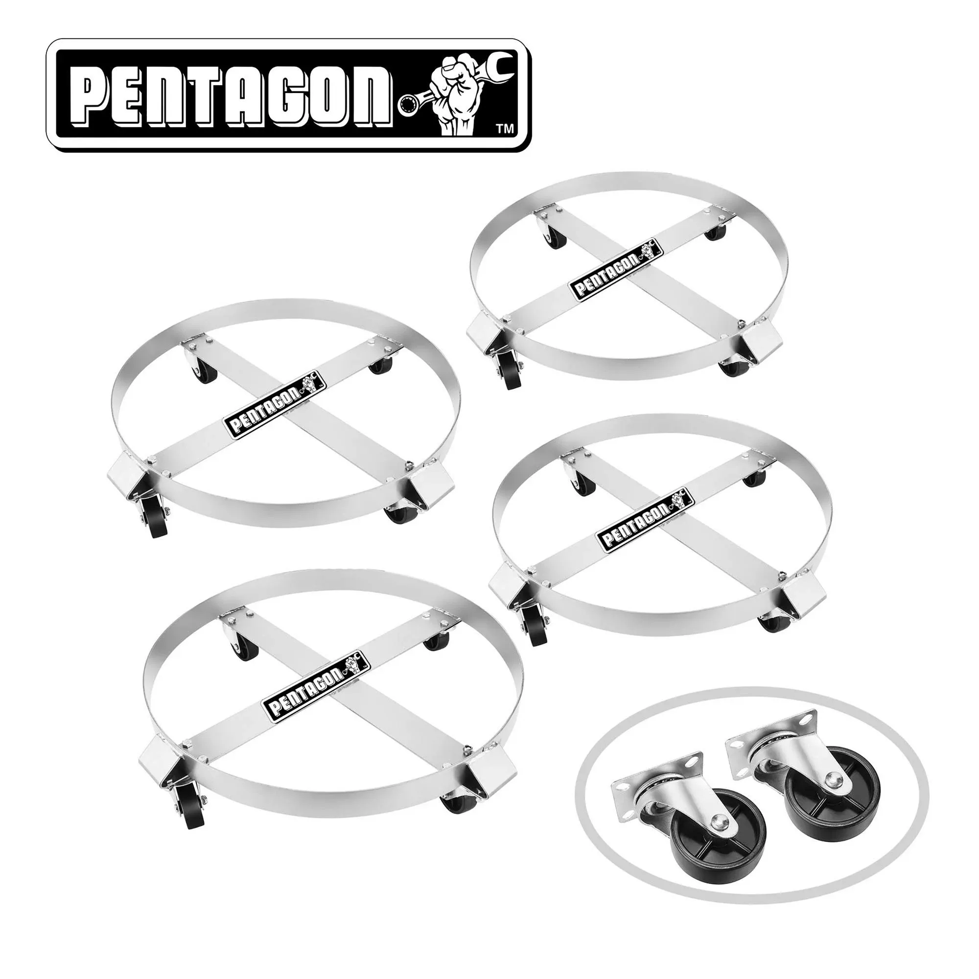 4 Pack Heavy Duty Drum Dolly 55 Gallon Metal Caster Wheels 1000 Lb Capacity Silver