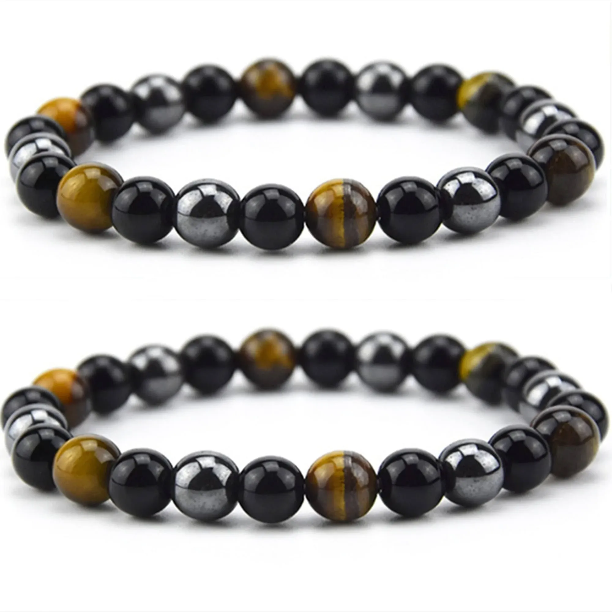 Triple Protection Bracelet for Bring Luck and Prosperity Hematite Black Obsidian Tiger Eye Stone Bracelets for Men Women, Beaded Buddha Healing Rope Uni Bracelet (2pcs)