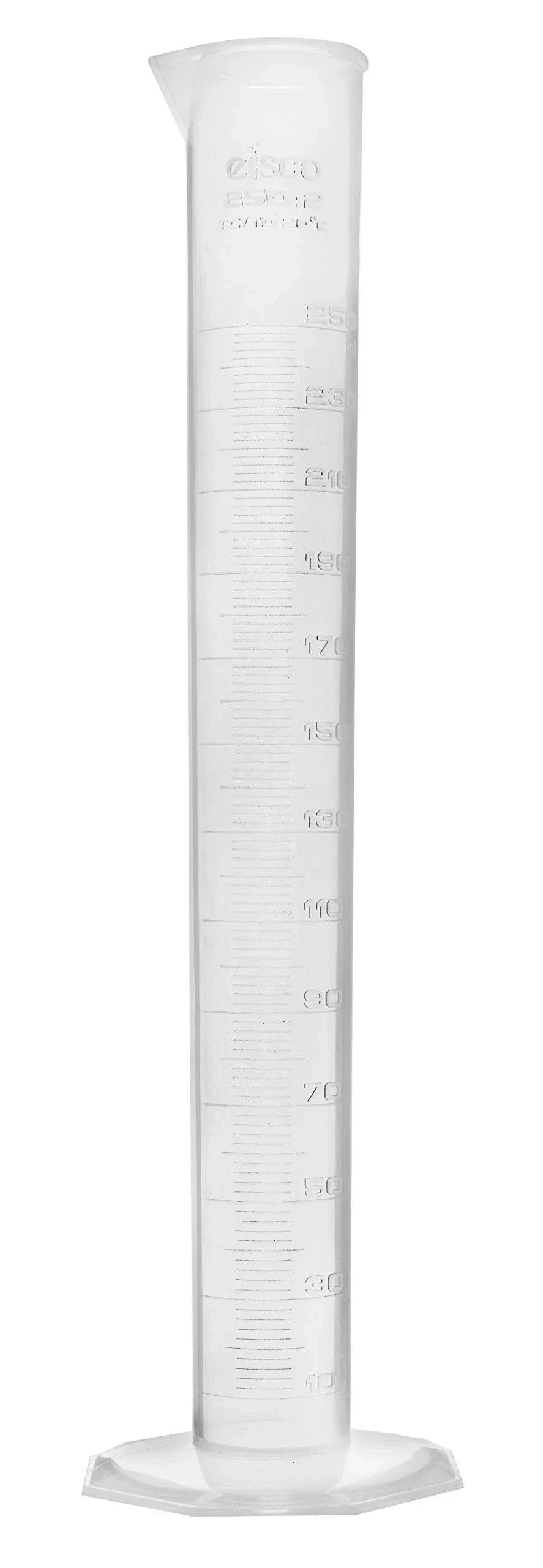 Eisco Graduated Cylinder, 250ml - Class B Tolerance - Octagonal Base - Polypropylene Plastic - Industrial Quality, Autoclavable