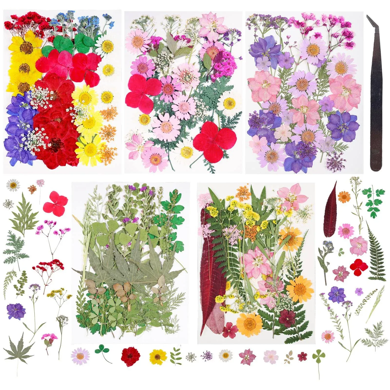 180Pcs Dried Pressed Flowers Resin Mold Real Pressed Flowers Natural Dry Leaves Bulk Mixed Colorful Daisy Herbs Kit with Tweezers for Scrapbooking