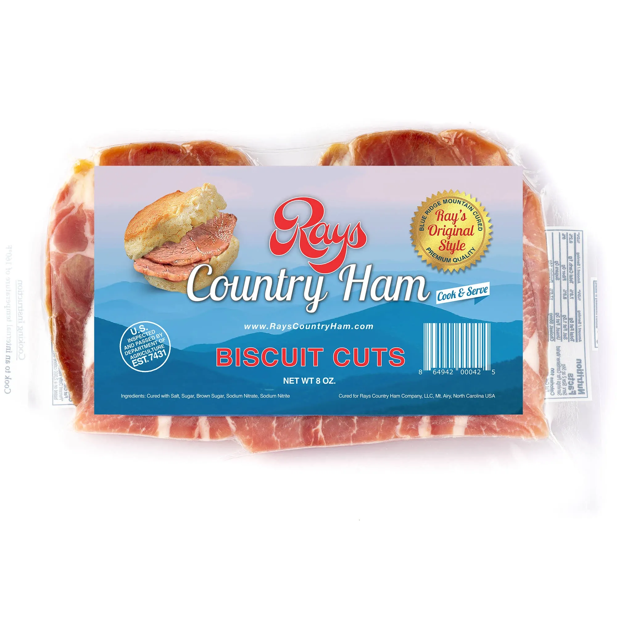 Rays Country Ham - 1.5 lb. / 3-8 oz. Packs - Biscuit Cuts - Blue Ridge Mountain Cured