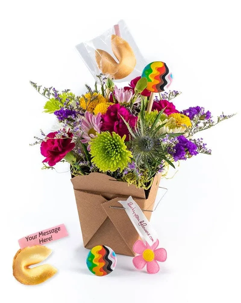 Pride Fresh Cut Live Flowers Arranged in a Takeout Container with Your Personal Message Tucked Inside a Fortune Cookie