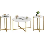 Lamerge Coffee Table Set of 3 Modern Faux Marble Top with Golden Frame