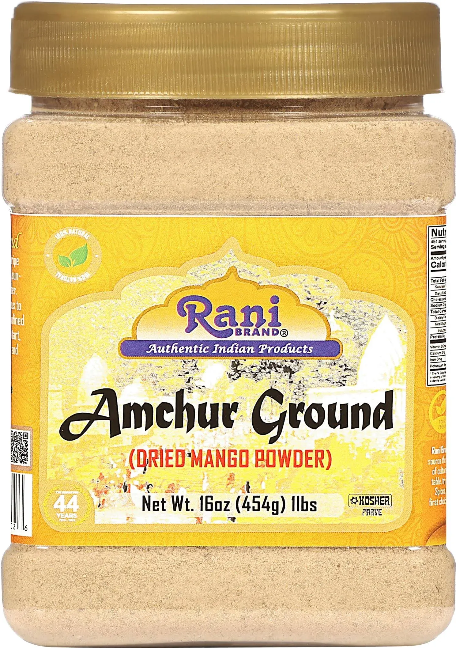 Rani Amchur (Mango) Ground Powder Spice 16oz (1lb) 454g PET Jar ~ All Natural, Indian Origin | No Color | Gluten Friendly | Vegan | NON-GMO | Kosher | No Salt or fillers