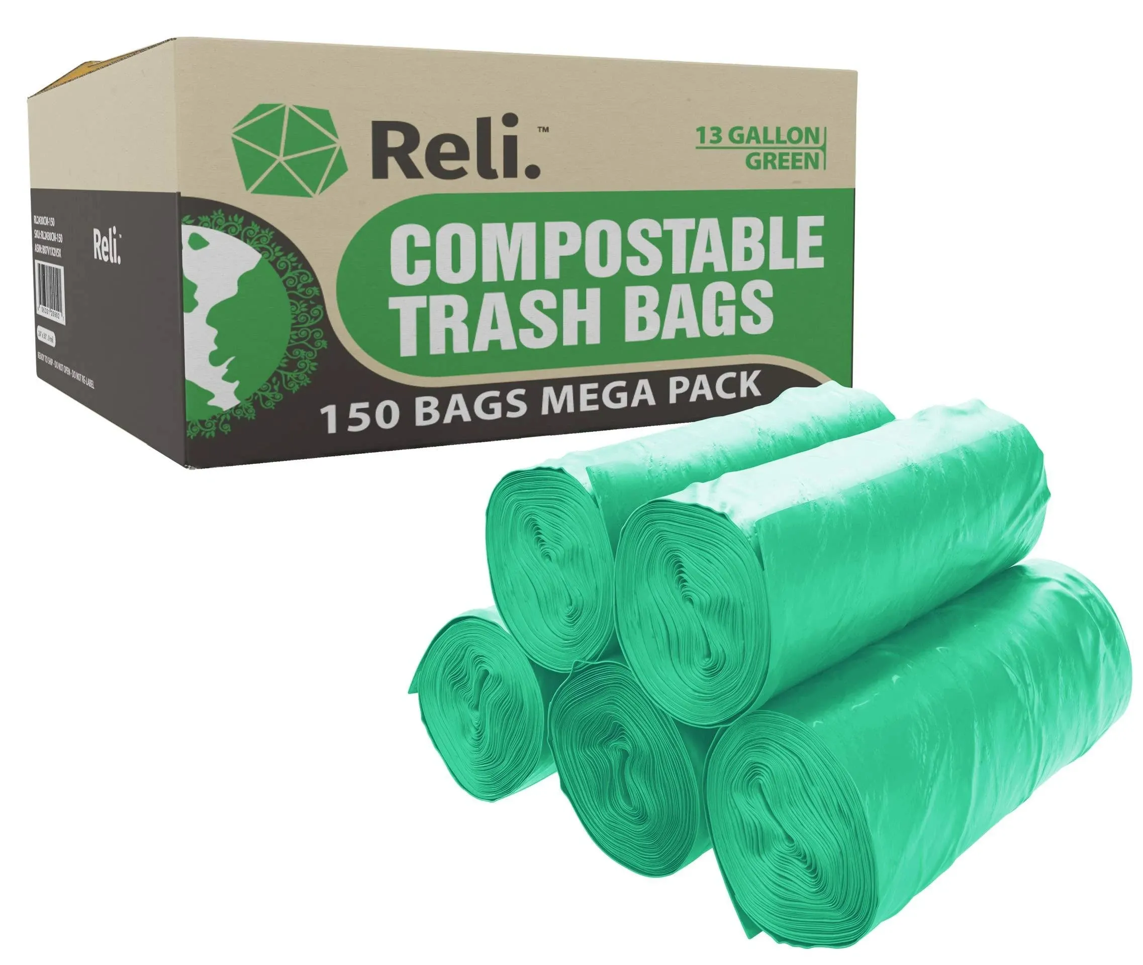 Reli. Compostable 13 Gallon Trash Bags | 150 Count Bulk | ASTM D6400 | Green | Eco-Friendly | For Compost