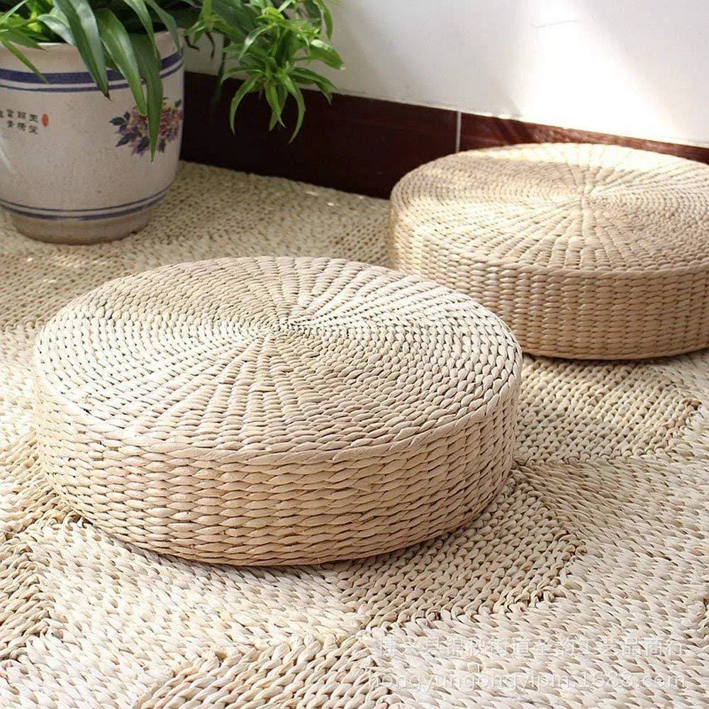 HUAWELL 2 Pack Tatami Floor Pillow Sitting Cushion Bigger size,Round Padded Room Floor Straw Mat for Outdoor Seat (Dia: 19.7)