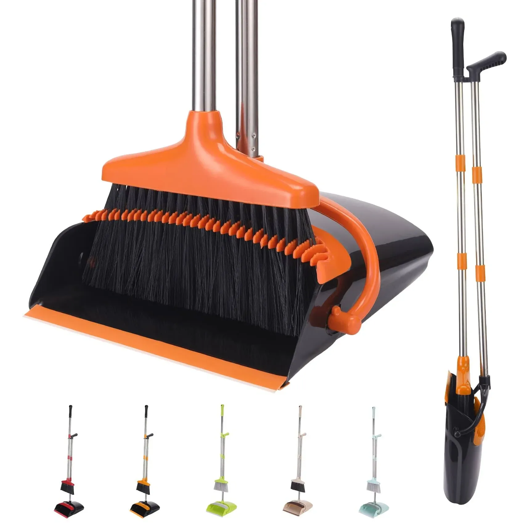 Broom and Dustpan Set, Dustpans with Broom Combo for Home, Heavy Dust Broom and Dustpan Combo, Long Handle Dust Pan and Broom Set for Kitchen, Office, Pet Hair(Orange)