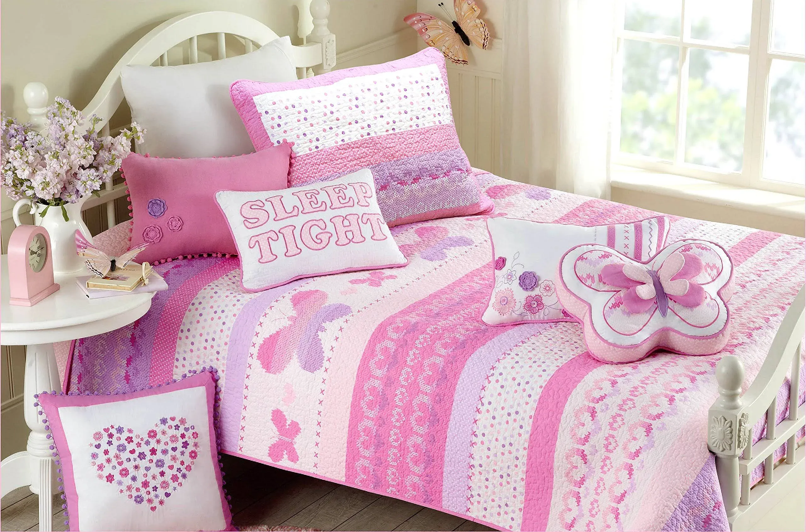 Cami Butterfly Cotton Pink Floral Quilt Bedding Set With