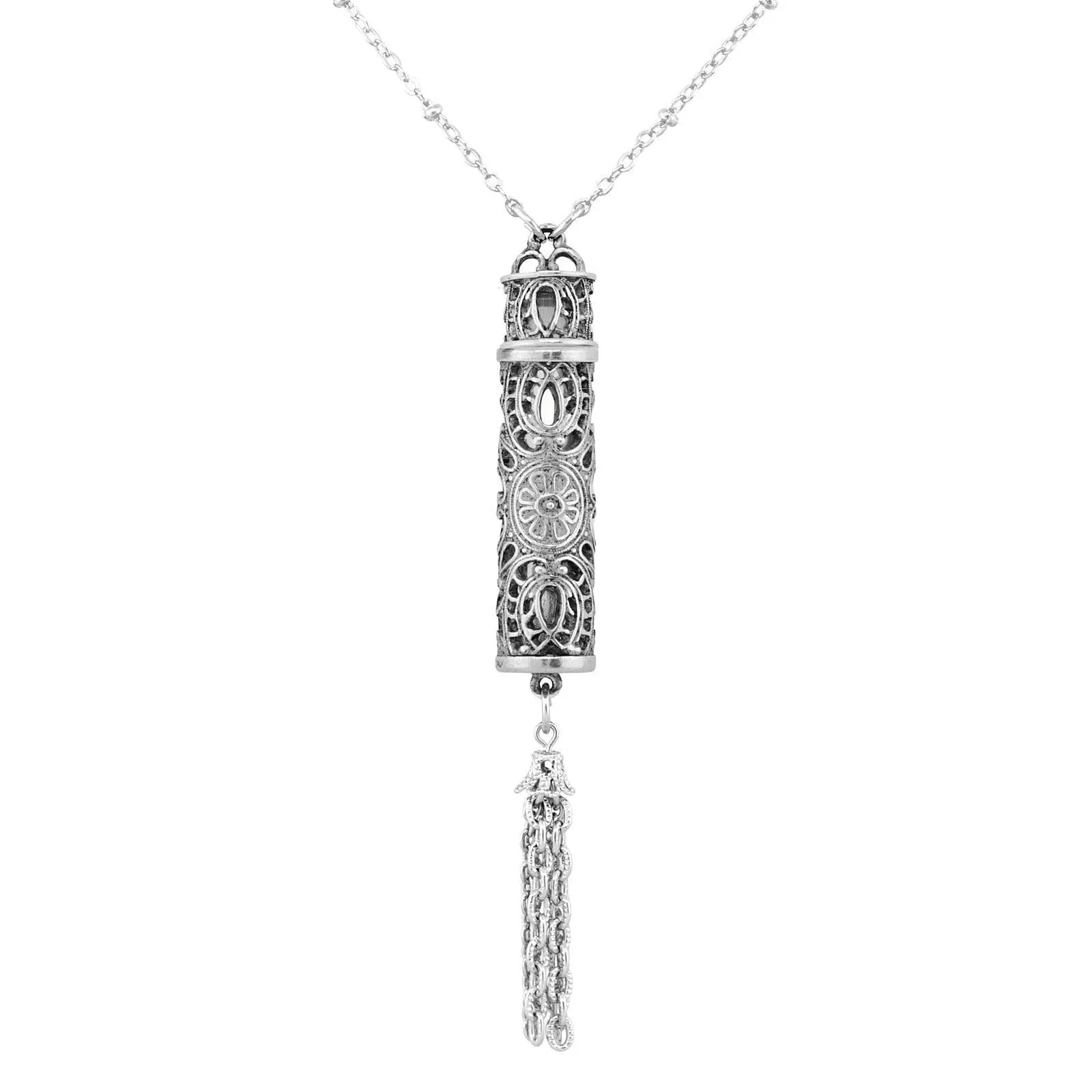 1928 Jewelry Antiqued Filigrana Glass Vial Tassel Necklace 28"