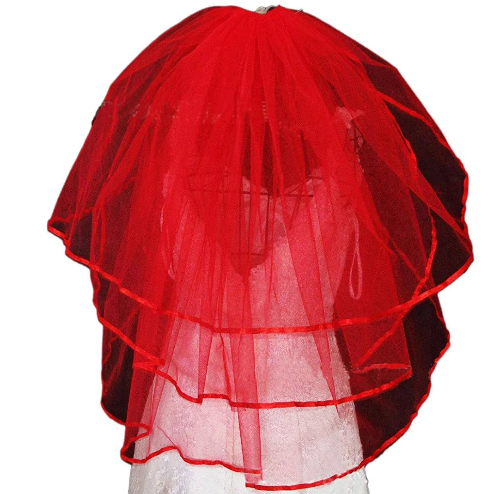 CENAST Women&#039;s Short Wedding Veils with Comb 3 Tier Halloween Tulle Red 