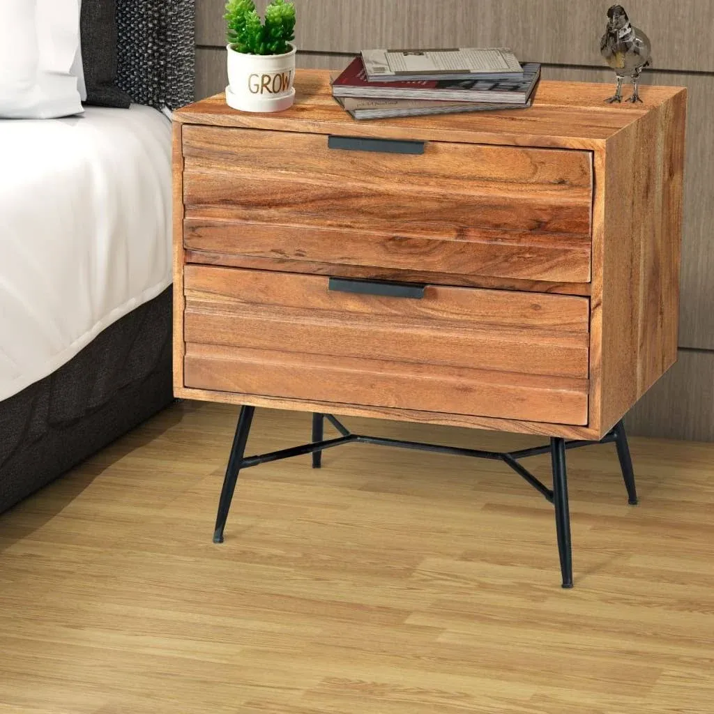 Benzara 2 Drawer Wooden Nightstand with Metal Angled Legs