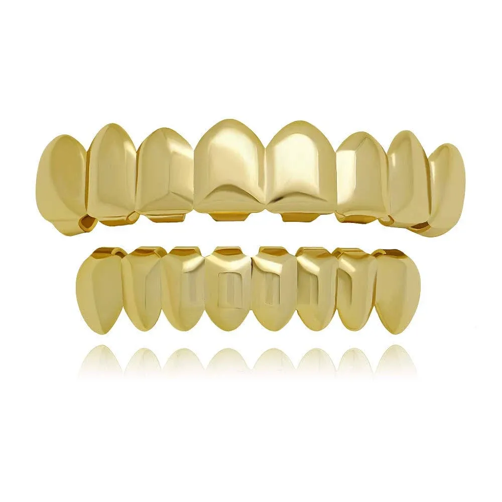 LuReen 8 Teeth Grillz 14K Gold Top and Bottom Grills Set Shiny Hip Hop Teeth ...