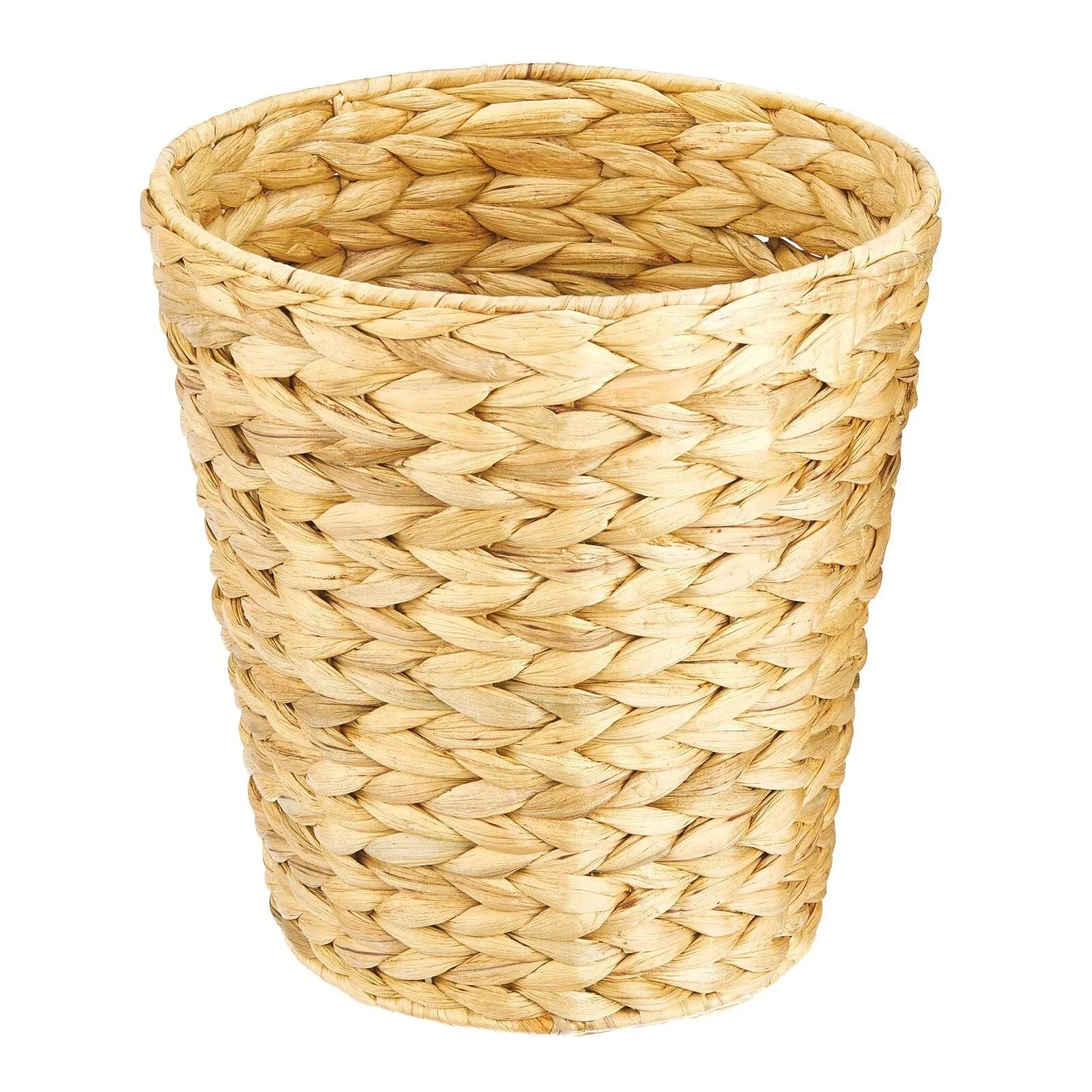 mDesign Water Hyacinth Waste Basket Boho Woven Trash Can - Small Round Natural Wastebasket Garbage Bin for Bathroom Essentials - Woven Arrow Pattern - Black Wash