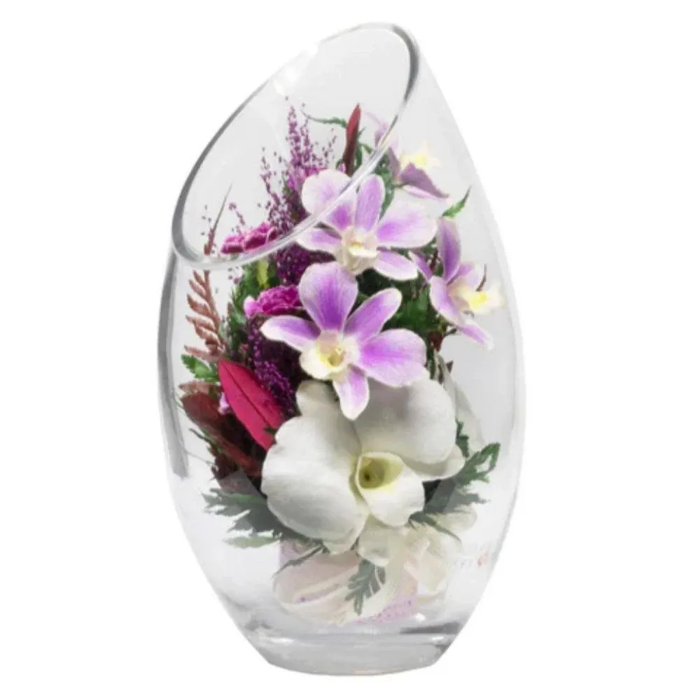 Fiora Flower  Long Lasting Purple Orchids, Limoniums with Greenery in a Flat Rugby Glass Vase