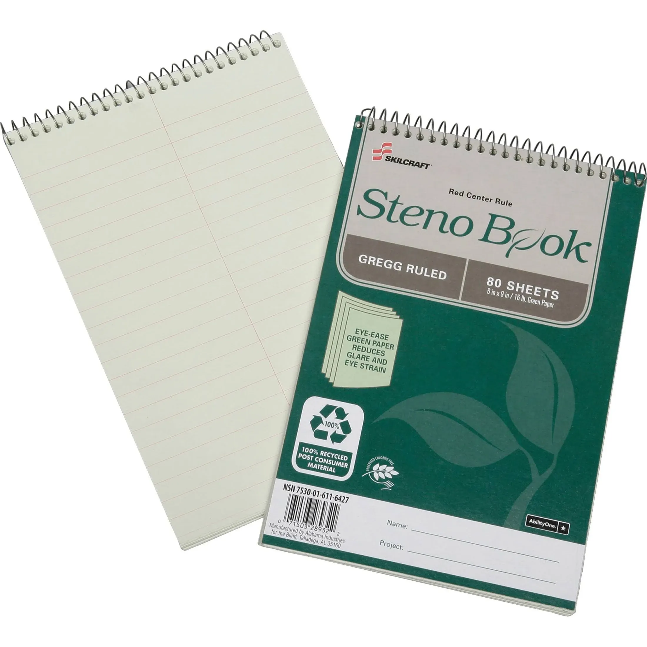 Skilcraft Gregg Ruled Recycled Steno Notebook - 80 Sheet - 16 lb - Gregg Ruled - 6quot; x 9quot; - 6 / Pack - Green Paper