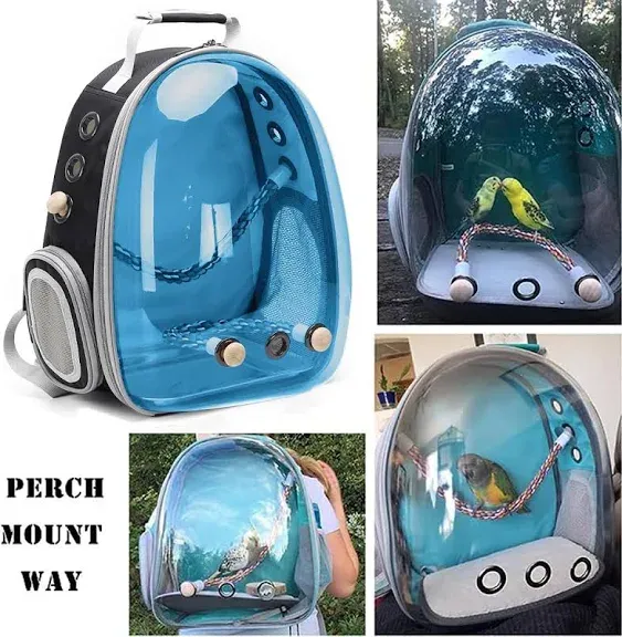 Bird Traval Carrier Cage, Polarized Tinted Blue Space Capsule Astronaut Backpack to Carry Parakeet Cockatiel Parrot with Metal Tray Wood Perch, Vet Transport School Bag