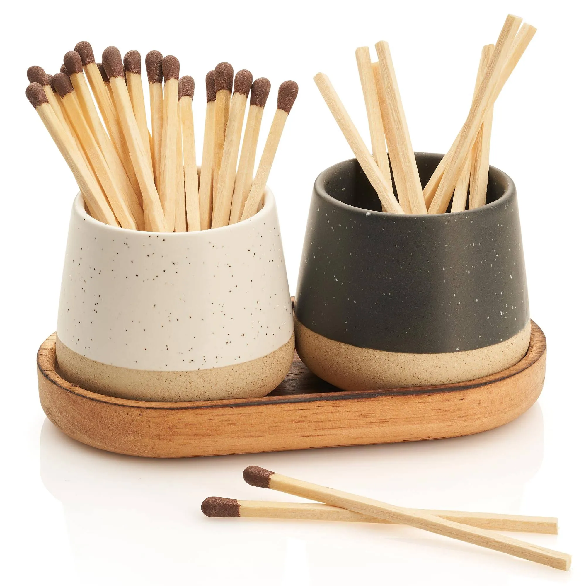 KIBAGA Decorative Ceramic Match Holder with Wooden Tray - Set of 2 Beautiful ...