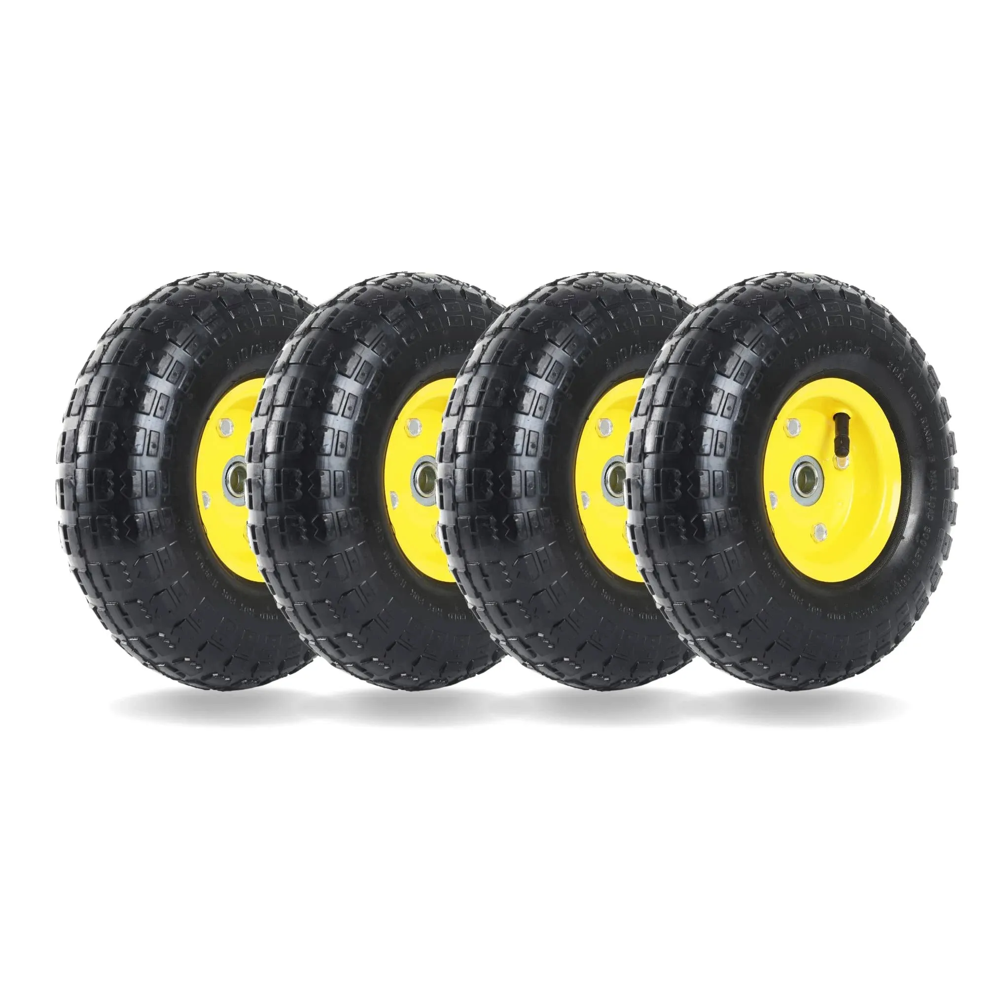 (4 Pack) AR-PRO 4.10/3.50-4" All Purpose Utility Air Tires and yellow Wheel - with 10" Inner Tube, 5/8" Axle Bore Hole, 2.2" Offset Hub and Double Sealed Bearings for Hand Trucks and Gorilla Cart