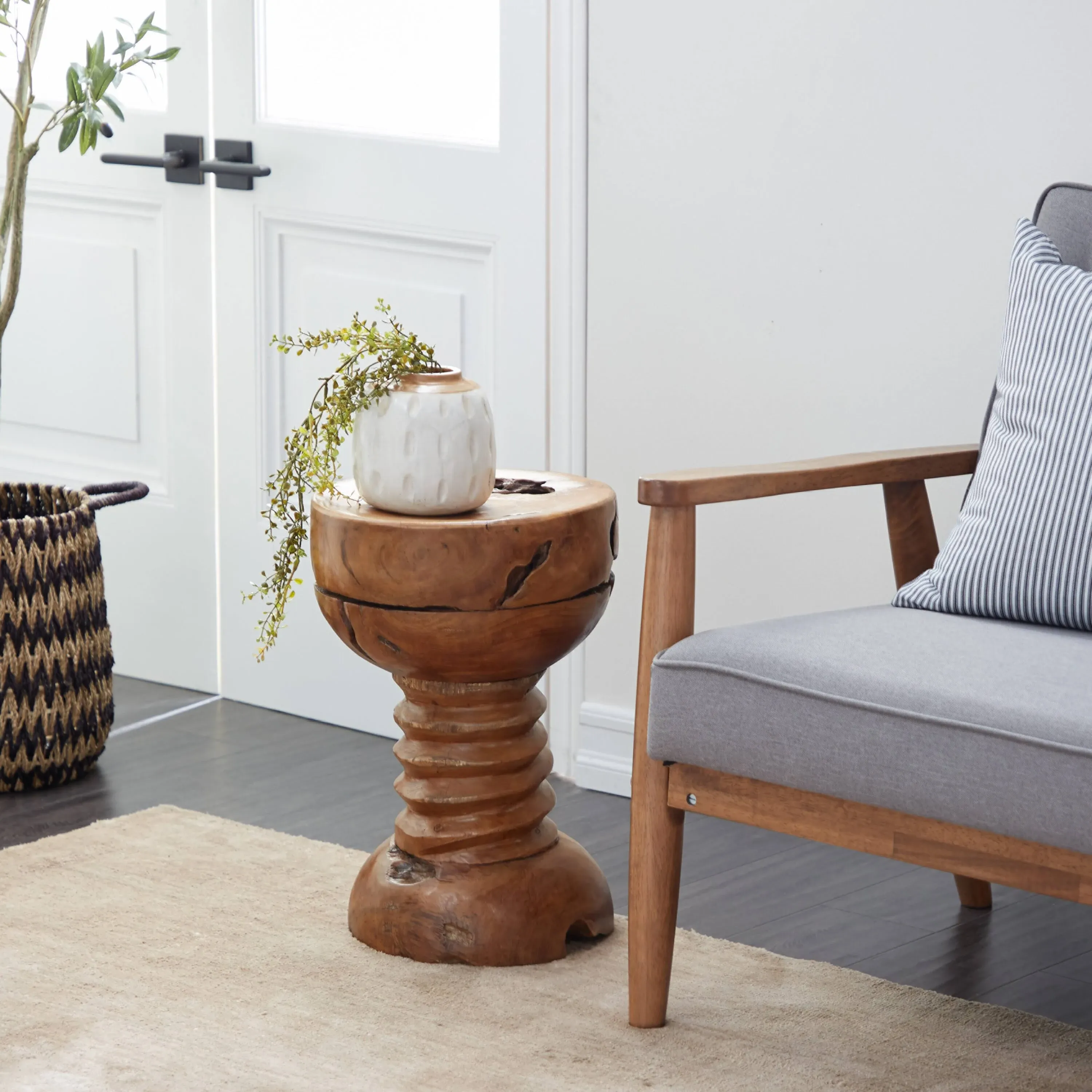 Deco 79 Teak Wood Handmade Side End Accent Table Live Edge End Table with Coiled Base, Side Table 13" x 13" x 20", Brown