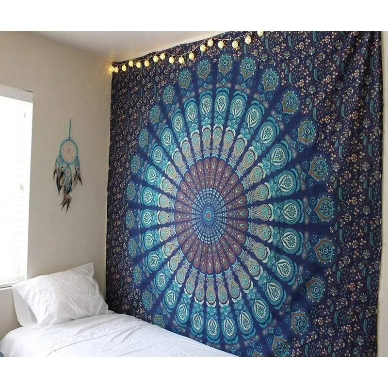 Marubhumi Blue Tapestry Wall Hanging Mandala Tapestries Indian Cotton Bedspread Picnic Bed Sheet Blanket Wall Art Hippie Tapestry, Twin, 55 x 85 Inches