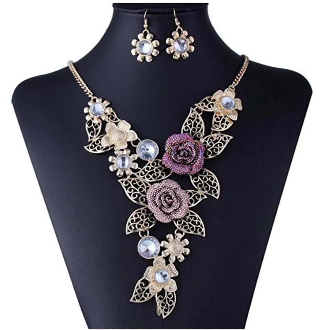 Women's Vintage Flower Rose Gold Necklace Statement Earrings Jewelry Set