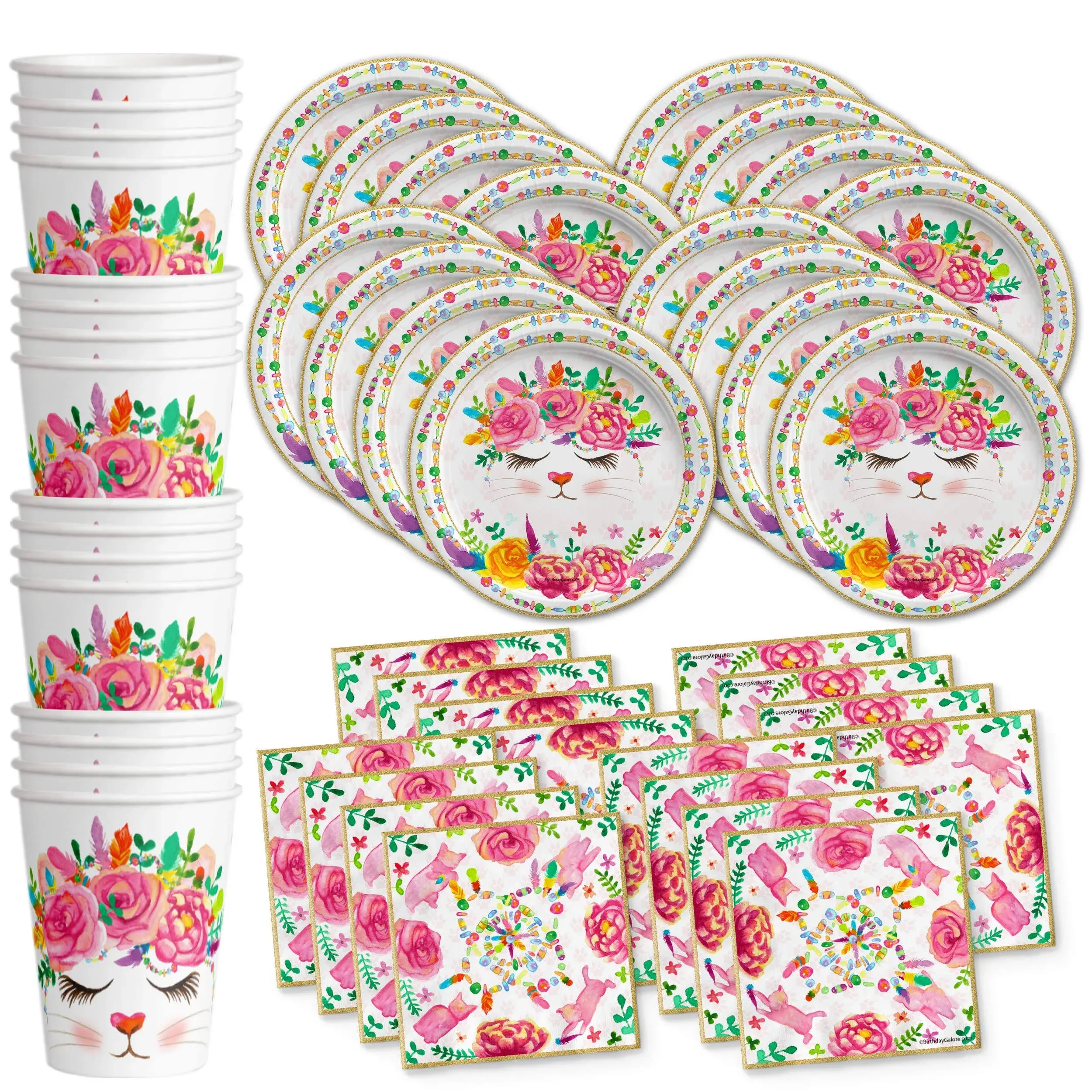 Kitten Kitty Cat Floral Birthday Party Tableware Kit For 16 Guests