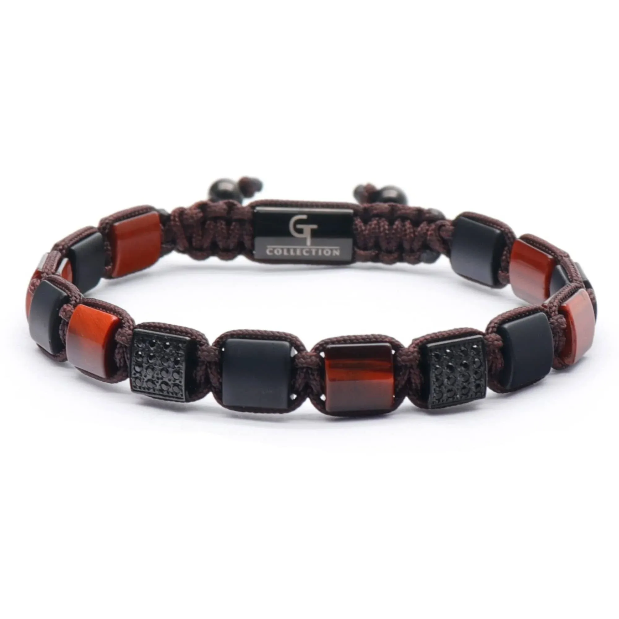 Stylish Red Tiger Eye & Matte Onyx Flatbead Bracelet, Men&#39;s Adjustable Gemstone Beaded Accessory, Stackable Healing Stone Wristwear Jewelry