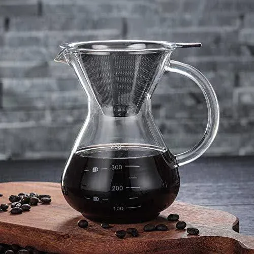 14 Ounce Pour Over Coffee Maker with Double-layer Stainless Steel Filter, Restaurant Glass Coffee Pots, Coffee Dripper Brewer, High Heat Resistant Decanter (01)