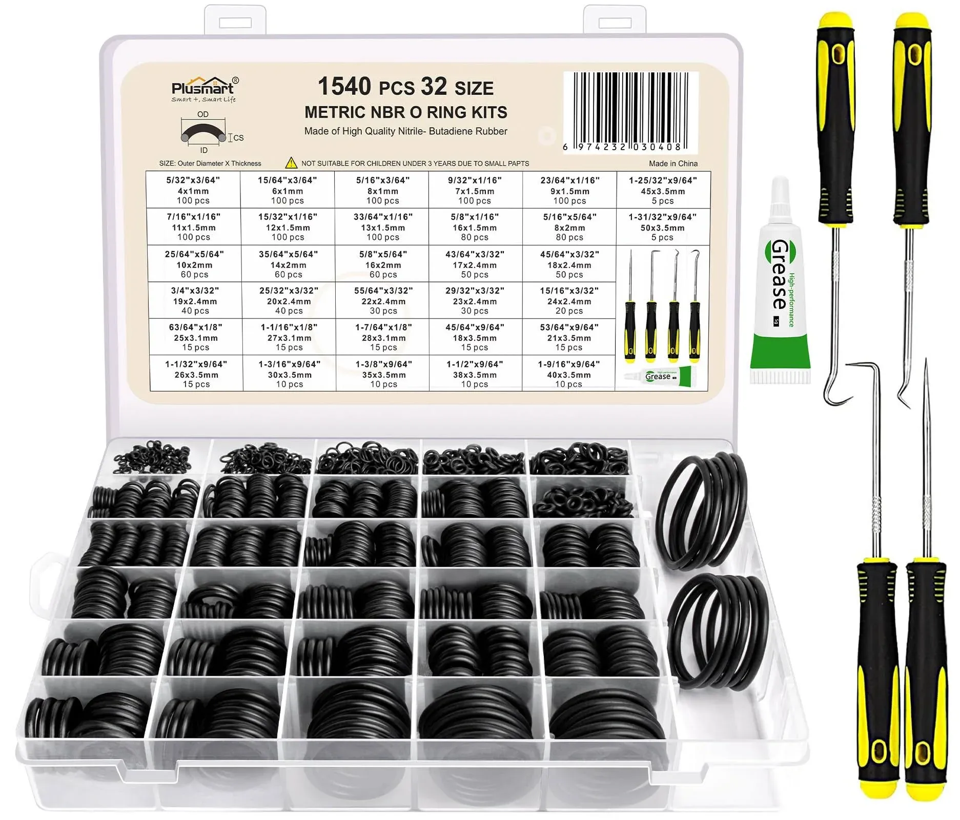 O Ring Kit, 1540 Pcs Rubber O-Ring Assortment Kit, Plusmart 32 Sizes Washer Gasket Set for Pressure Washer, Plumbing Sealing Repair, Air or Gas Connections, Resist Oil and Heat, 4 Tools & 1 Lube Paste