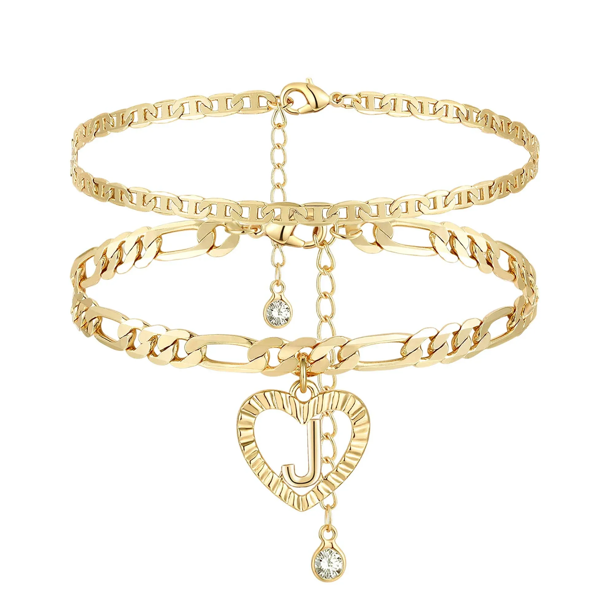 YANODA Initial Ankle Bracelets for Women 14K Gold Plated Layered Figaro Chain Letter Initial Anklets Handmade Layered Heart Ankle Bracelets Personalized Jewelry for Women