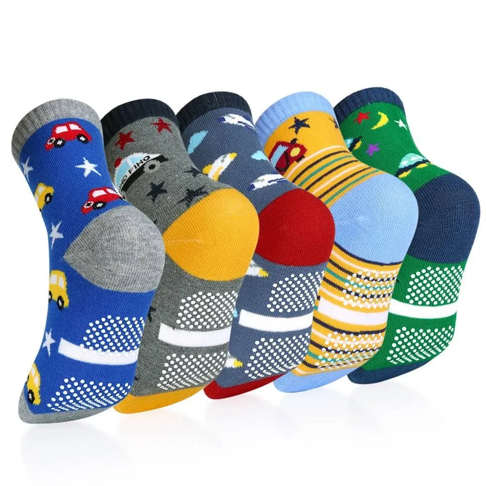 OOPOR Kids Cotton Crew Socks with Grip - 5 Pack Boys Girl Winter Athletic Sport ...