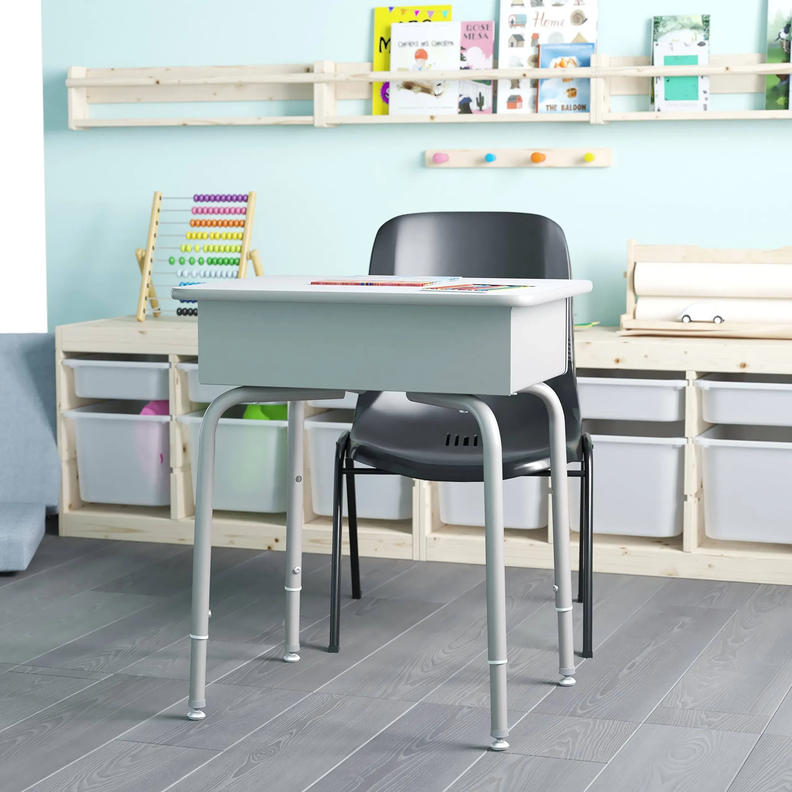 EMMA + OLIVER Buckley Student Desk - Gray Faux Granite Finished Top - Silver Metal Frame - Open Front Book Box - Pencil Storage Grooves