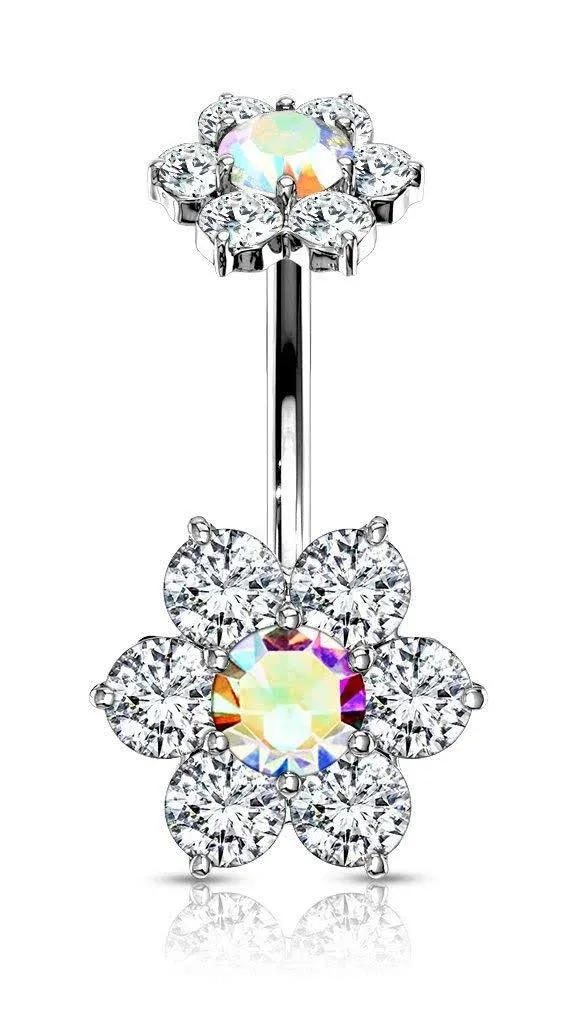 Forbidden Body Jewelry Surgical Steel Belly Ring with CZ Flower Design &amp; Inte...