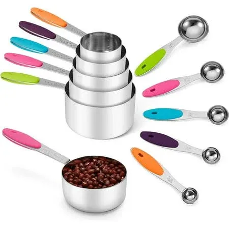 Joyhill Stainless Steel Measuring Cups and Spoons Set of 10 Piece, Nesting Metal Measuring Cups Set with Soft Touch Silicone Handles for Dry and Liquid Ingredients, Cooking & Baking (Colorful)