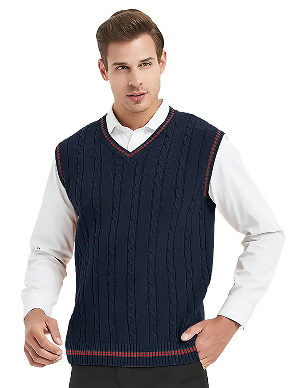 Toptie Men's V-Neck Cotton Twist Knit Sweater Vest Green and Red Trim Sleeveless Pullover