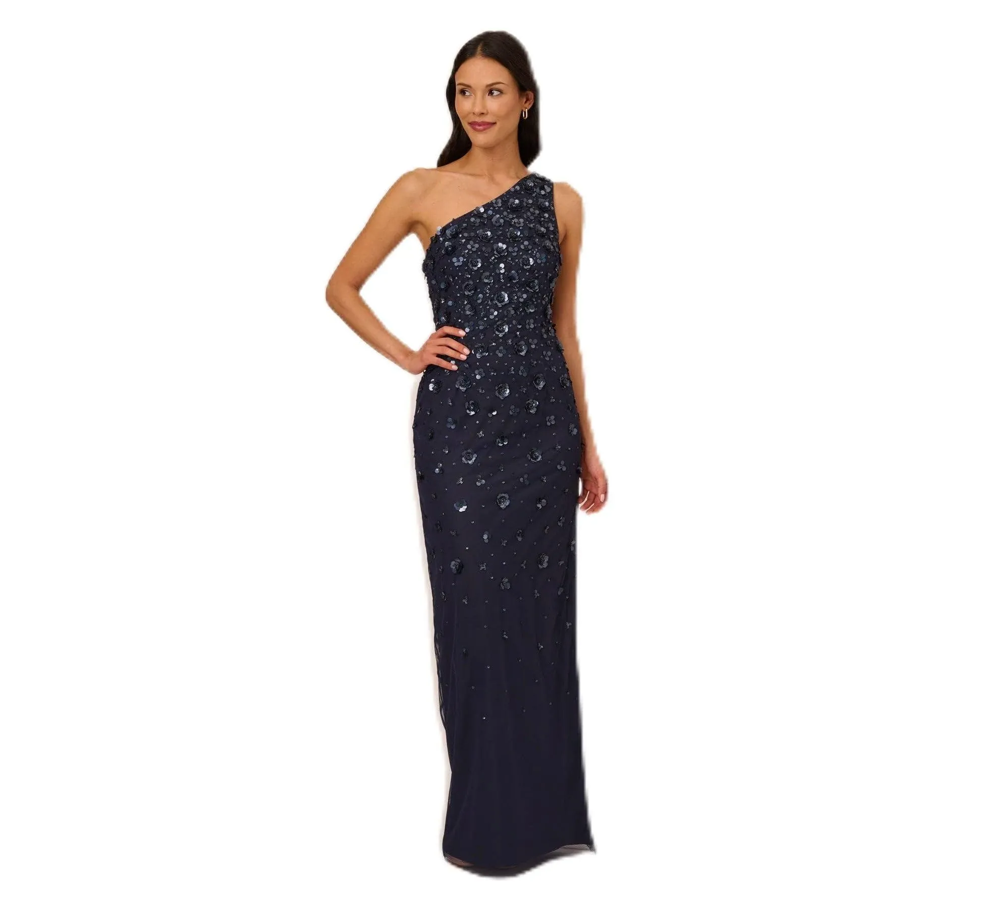 Adrianna Papell Women's One Shoulder Beaded Gown, Dusty Navy