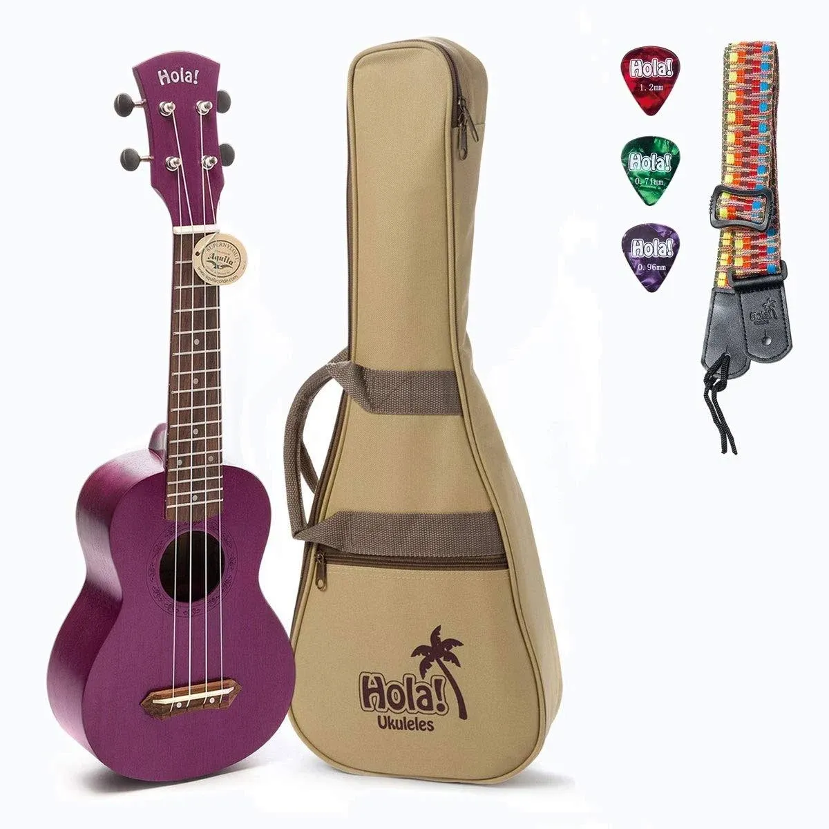 Hola! Music HM-121MG+ Deluxe Mahogany Soprano Ukulele Bundle with Aquila Strings, Padded Gig Bag, Strap and Picks, Natural