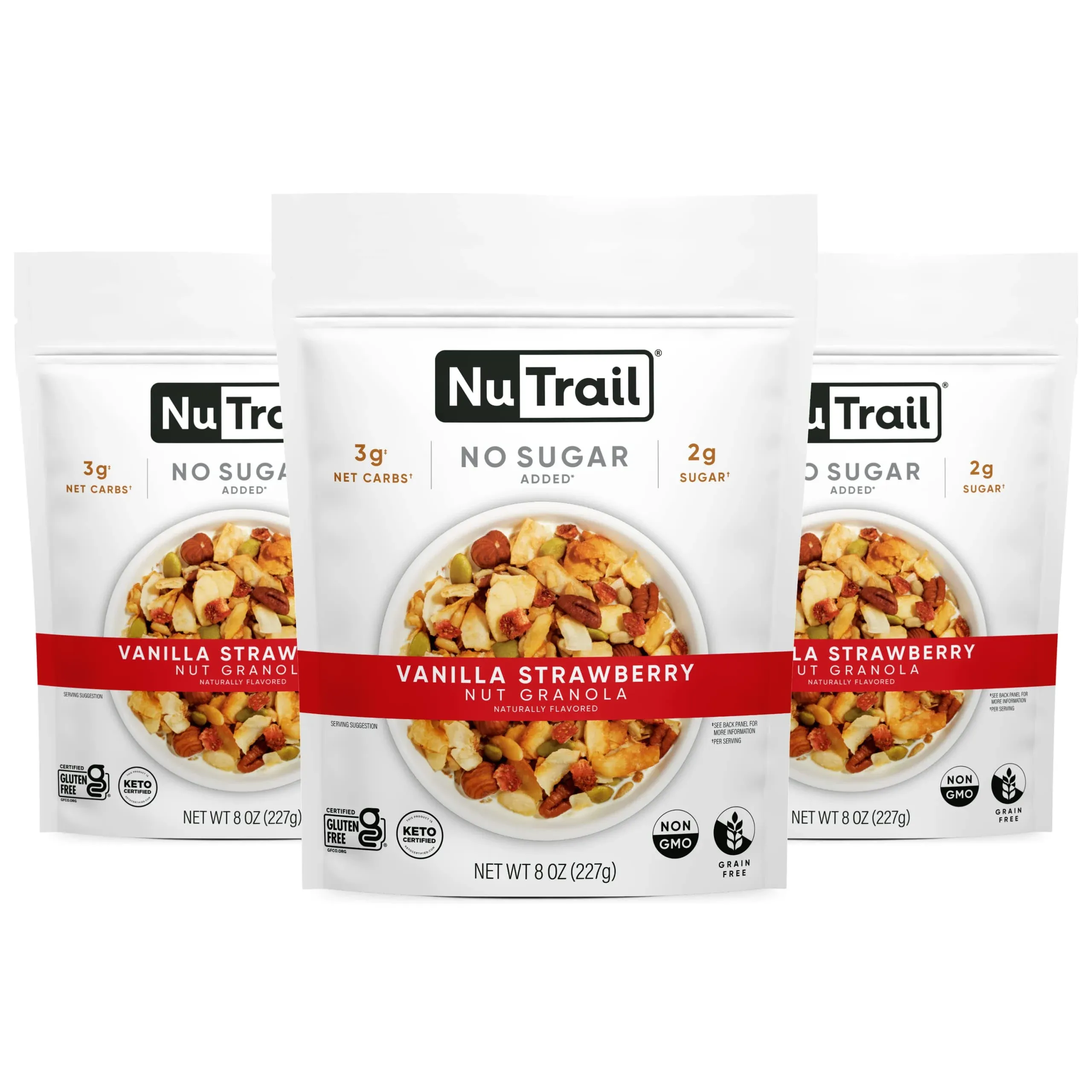 NuTrail Nut Granola Cereal, Vanilla Strawberry, No Sugar Added, Keto, Low Carb, Gluten Free, Grain Free, Healthy Breakfast 8 oz. 3 Count