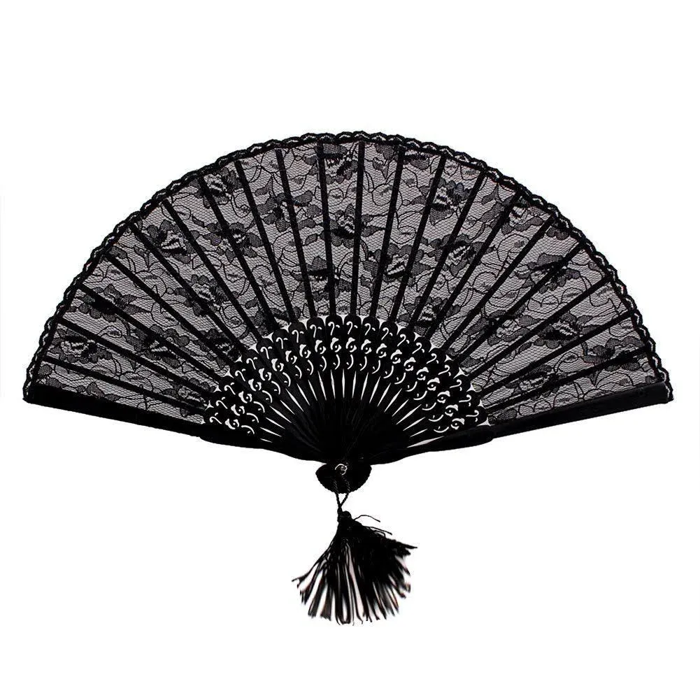 HONBAY Lady&#039;s Girl&#039;s Vintage Retro Flower Lace Handheld Folding Hand Fan (Black)