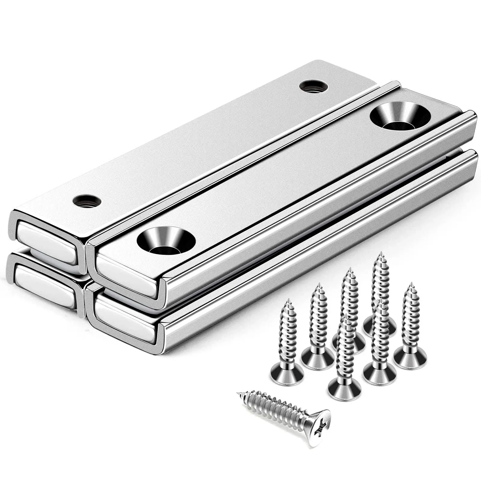 Strong Neodymium Rectangular Pot Magnets with Counter Bore, 4P, Silver 